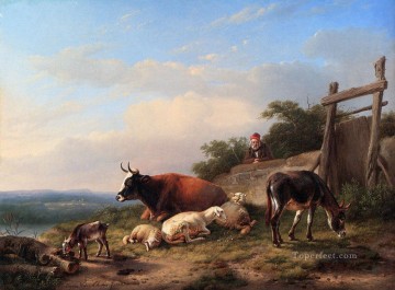 ユージン・ヨーゼフ・フェルベックホーフェン Painting - 動物の世話をする農夫 オイゲン・フェルベックホーフェンのロバ